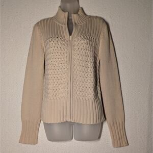 Vtg Chelsea Studio Cardigan Women Sz Small Beige Full Zip Chunky Rib Knit Cozy